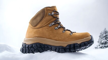 A rugged winter boot with durable treads and high ankle support, isolated against a snowy white backdrop.