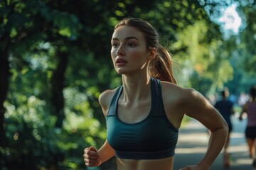 Fototapeta premium A determined young female runner moves quickly through a serene green park. Her athletic attire enhances her focus and strength. Embrace the spirit of fitness and vitality. Generative AI