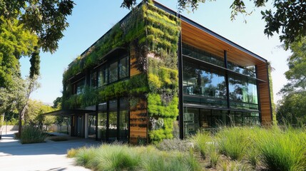 An office building featuring sustainable water usage initiatives, such as greywater recycling systems for restrooms and rainwater collection for irrigation