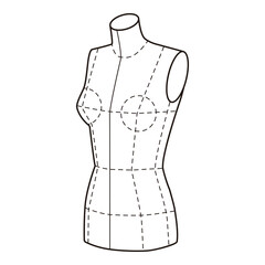 Minimalistic line drawing of a female dress form mannequin with dashed guidelines, black outline on white background

