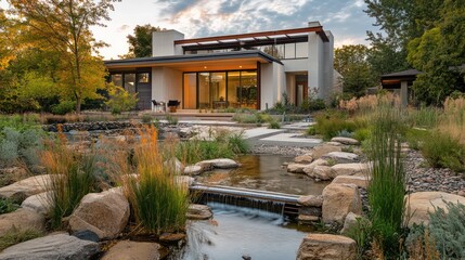 Fototapeta premium A home with a modern rainwater harvesting system, featuring rooftop collection channels, filtration units, and storage tanks, designed to provide sustainable water for gardening and household use