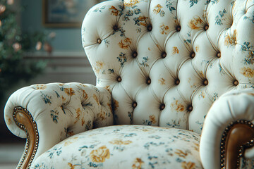 Obraz premium A classic upholstered armchair adorned with a floral pattern and button-tufted design, adding elegance to any room.