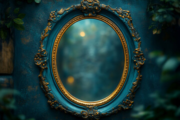 Obraz premium A vintage mirror with an ornate golden frame reflects a blurred, mysterious backdrop filled with soft green and blue hues.