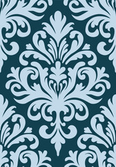 Fototapeta premium Blue and light blue damask pattern with symmetrical floral design. Damask seamless pattern.