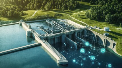 A digital water management hub controlling a dam and reservoir system, using real-time data to balance water supply and flood control efforts