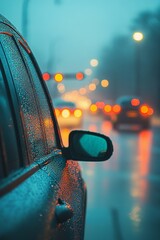 Vehicles navigate a foggy, rain-drenched road, their headlights glowing softly against the hazy backdrop and creating an eerie evening atmosphere