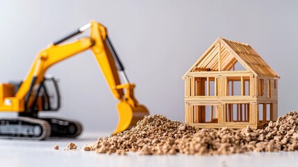 Obraz premium Residential construction site with wooden house frame and excavator equipment