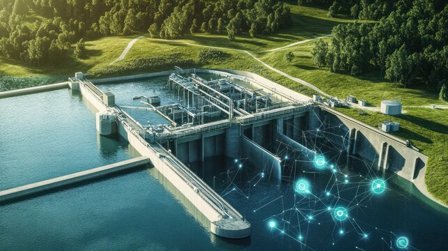 A digital water management hub controlling a dam and reservoir system, using real-time data to balance water supply and flood control efforts
