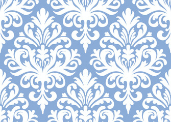Fototapeta premium Light blue and white damask pattern with elegant floral motifs. Damask seamless pattern.