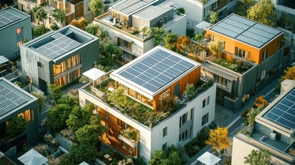 A futuristic microgrid system in an urban neighborhood, with rooftop solar panels and small-scale wind turbines feeding into a local grid, monitored by smart controllers