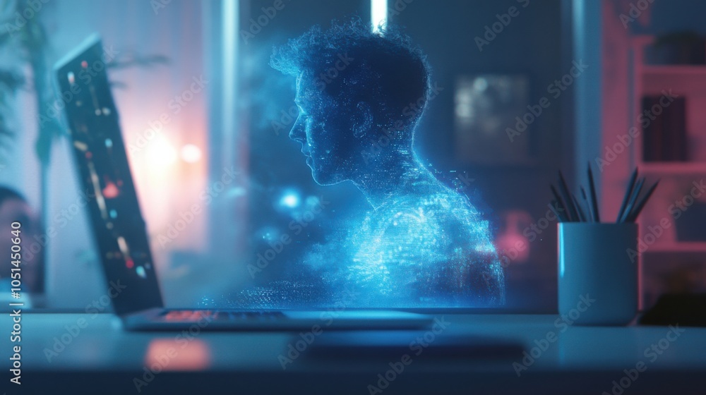 Aufkleber digital figure emerging from a laptop screen, representing virtual interaction in a modern workspace