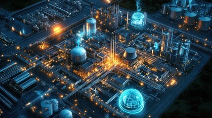 A smart grid network in an industrial area, where factories are powered by renewable energy sources that are monitored and controlled by AI-driven energy management systems