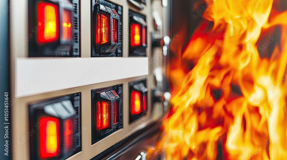 Aufkleber control panel with illuminated switches and flames in the background.