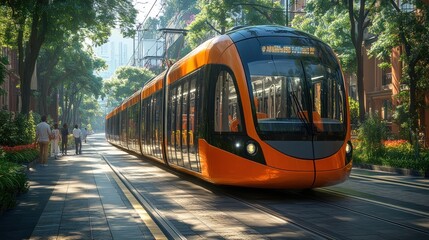 Obraz premium Modern orange tram gliding through a lush urban environment.