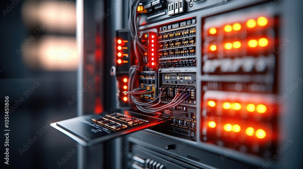 Poster Close-up view of illuminated server rack with wires and lights.