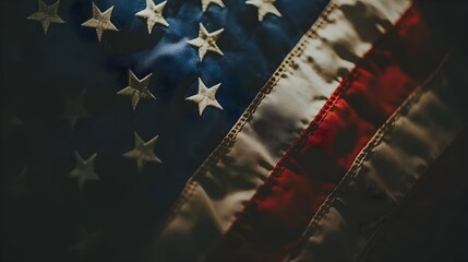 A powerful close-up of the American flag blowing gently in the wind, contrasted against a shadowy dark background, with vibrant red, white, and blue