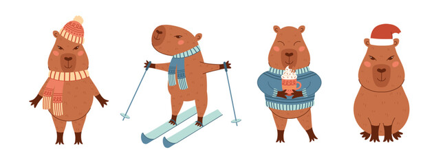 Christmas capybara collection. Capybara on skis, sweater with coffee mug, hat and scarf, santa hat. Winter set with cute animal character. Vector illustration for print, scrapbooking, social media.