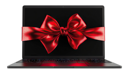 Modern laptop wrapped with red ribbon bow, isolated on transparent cutout background