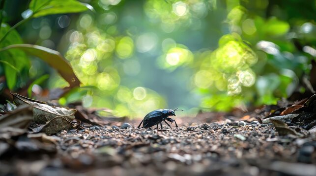 A black beetle crawls on a dirt path in a lush green forest.
