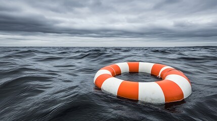 Naklejka premium An orange and white life preserver floats in choppy water against a backdrop of stormy clouds.