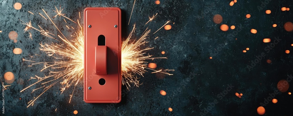 Aufkleber red control switch with electric sparks on a dark surface, isolated for focus.