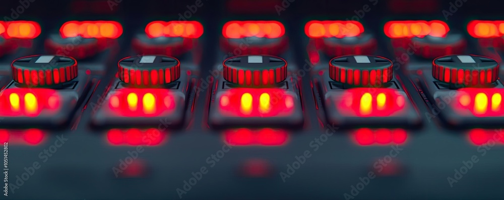 Poster Close-up of illuminated control buttons on a mixing console, dark background.