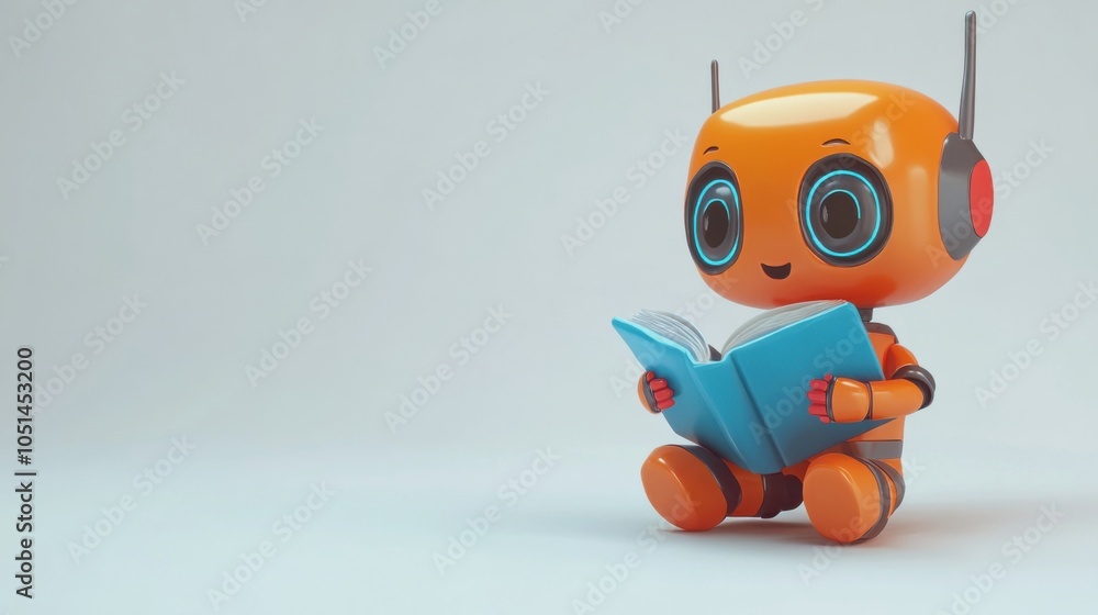 Poster friendly robot character illustrated reading a book in a 3d style on a white background
