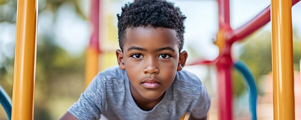 Young boy playing on a colorful playground structure, focused and determined.