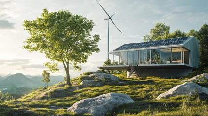Obraz premium A remote eco-friendly home powered by grid-independent sources, including solar panels, a wind turbine, and a rainwater hydroelectric system, fully sustainable and self-sufficient