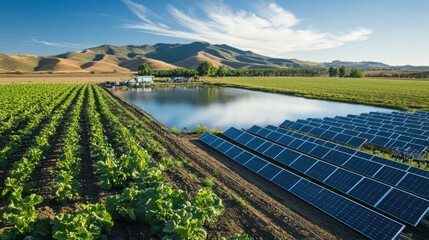 A farm using a renewable water supply system, where solar-powered pumps irrigate fields from nearby lakes, ensuring sustainable water management for crops
