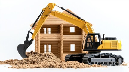Obraz premium Wooden House Under Construction with Excavator Working at Building Site