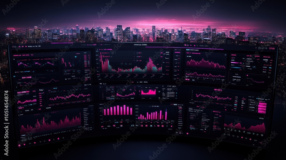 Poster futuristic cyber city night with multiple data screens displaying graphs and charts
