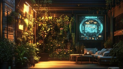 Obraz premium A cozy urban patio with vertical planters, while a holographic screen displays upcoming weather forecasts. Clear space on the right side for captions or branding.