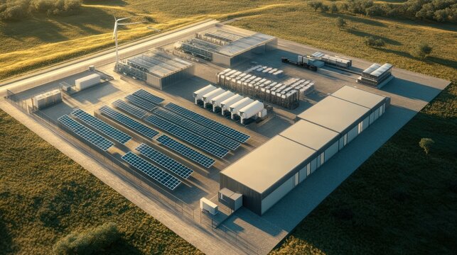 A renewable energy plant using digital electrical management software to balance energy production from solar panels and wind turbines, ensuring optimal output for the grid