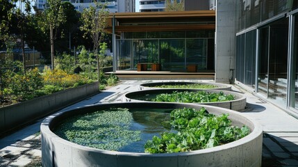 An innovative water conservation system that recycles greywater from homes and offices for irrigation and non-drinking purposes, displayed in a modern urban environment
