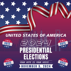 USA 2024 Presidential Election Background and Banner Design Featuring American Flag: Ideal for Election Event Banners, Cards, Posters, and Political Campaigns