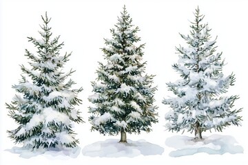 Fototapeta premium Set of Christmas fir tree covered by snow watercolor painting clipart. Design elements for winter holiday greeting cards, invitations, wall art. vector illustrations isolated on white 