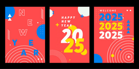 Naklejka premium Happy new year 2025 vertical template with 3D hanging number. Greeting concept for 2025 new year celebration. Mobile