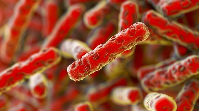 A microscopic image of Lactobacillus brevis bacteria. The rod-shaped bacteria are highlighted in red, with intricate surface details visible. Speculative Medical illustrative image