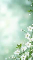 Delicate white flowers bloom against soft green background, creating serene and tranquil atmosphere. gentle bokeh effect adds dreamy quality to scene, perfect for nature lovers