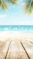 Fototapeta premium serene beach scene featuring wooden deck in foreground, with soft waves and clear blue sky in background. atmosphere is tranquil and inviting, perfect for relaxation