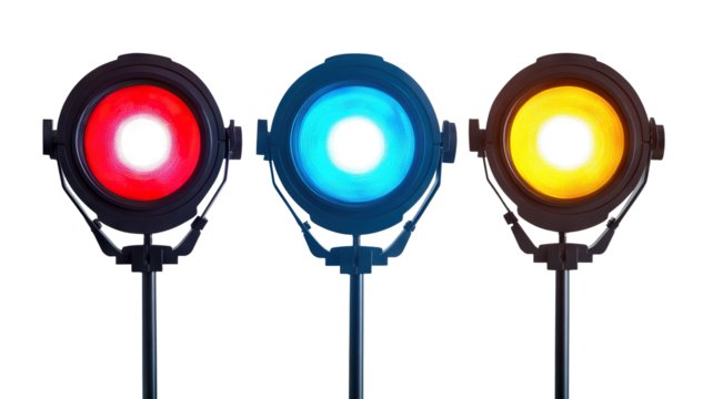 Set of colorful glowing studio strobe lights, isolated on transparent cutout background