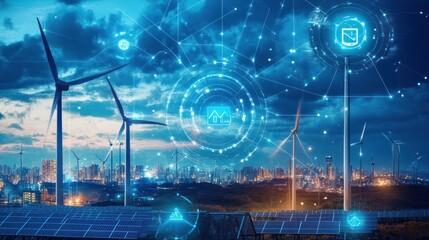 A renewable energy plant using digital electrical management software to balance energy production from solar panels and wind turbines, ensuring optimal output for the grid