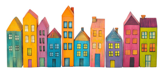Obraz premium Colorful wooden cityscape with various buildings, isolated on transparent cutout background