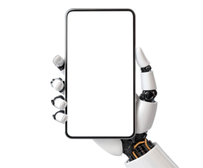 Robotic hand holding a blank smartphone, isolated on transparent cutout background
