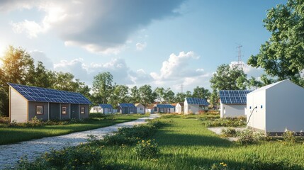 Obraz premium A decentralized electricity network in a small town, where each home generates its own power through solar panels and stores excess energy in shared community batteries