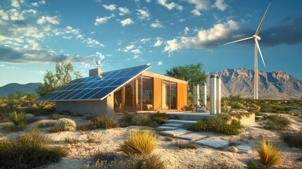 An off-grid home setup in a desert region, utilizing solar panels, a wind turbine, and a water-to-hydrogen generator to produce clean energy without reliance on external power sources