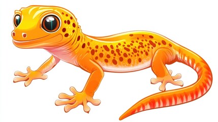 Obraz premium A cartoon illustration of a yellow and orange gecko with black spots, smiling and looking to the left.