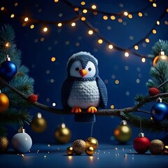 Obraz premium Christmas gift penguin bird in Santa Claus hat, set 3D toy character and decoration. Winter holiday template, festive design, seasonal present. Greeting collection Merry Christmas and Happy New Year.