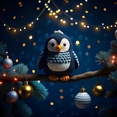 Obraz premium Christmas gift penguin bird in Santa Claus hat, set 3D toy character and decoration. Winter holiday template, festive design, seasonal present. Greeting collection Merry Christmas and Happy New Year.